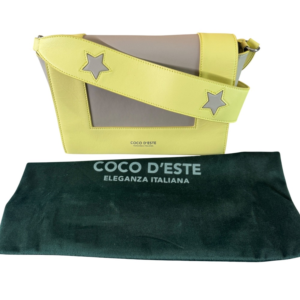 Coco D'Este Shoulder Bag Yellow Taupe Star Strap Structured Leather Italian